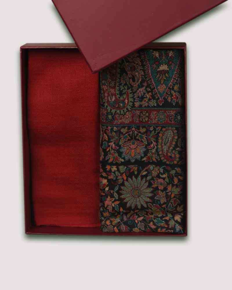 Black Fine Wool Kani Stole & Maroon Fine Wool Diamond Weave Muffler Combo